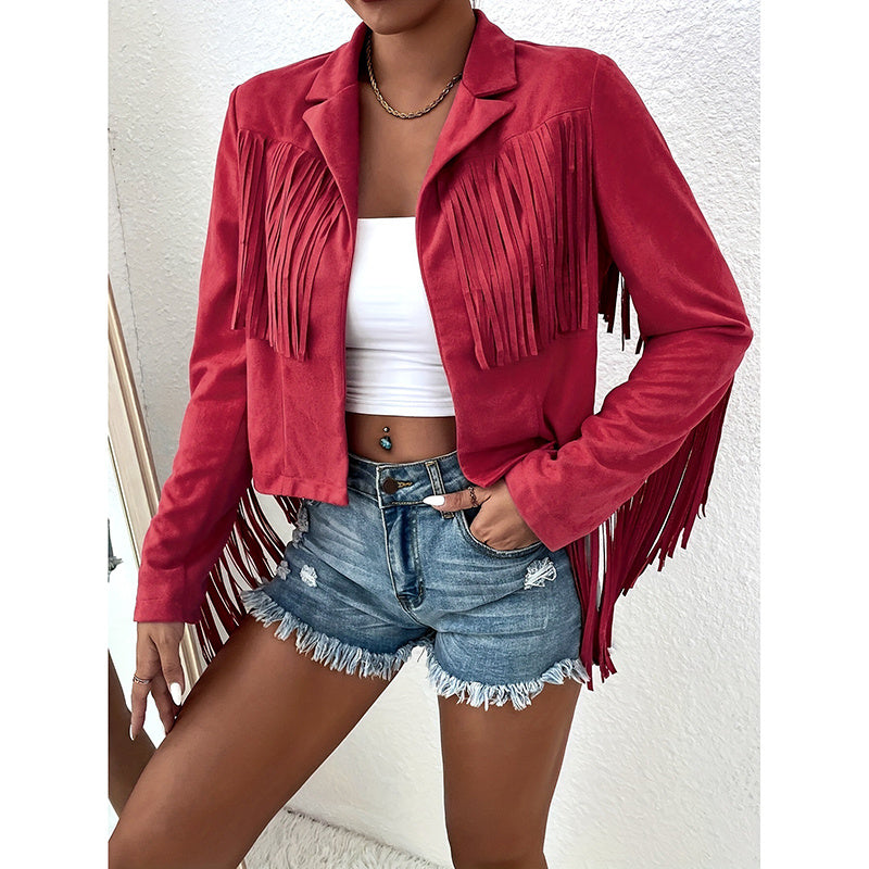 Women's Fringe Jackets, Western Cowgirl Faux Suede Leather Jacket Tassel Motorcycle Cropped Coats