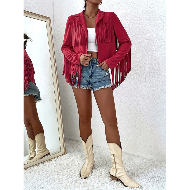 Women's Fringe Jackets, Western Cowgirl Faux Suede Leather Jacket Tassel Motorcycle Cropped Coats