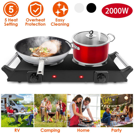 Black-White Options -- 2000W Electric Dual Burner Portable Coil Heating Hot Plate Stove Countertop RV Hotplate With 5 Temperature Adjustments Portable Handles