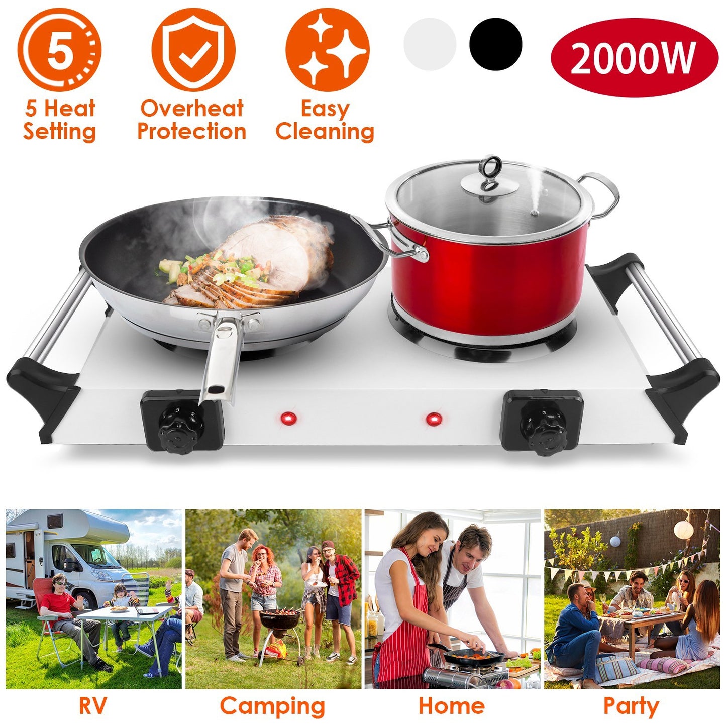 Black-White Options -- 2000W Electric Dual Burner Portable Coil Heating Hot Plate Stove Countertop RV Hotplate With 5 Temperature Adjustments Portable Handles