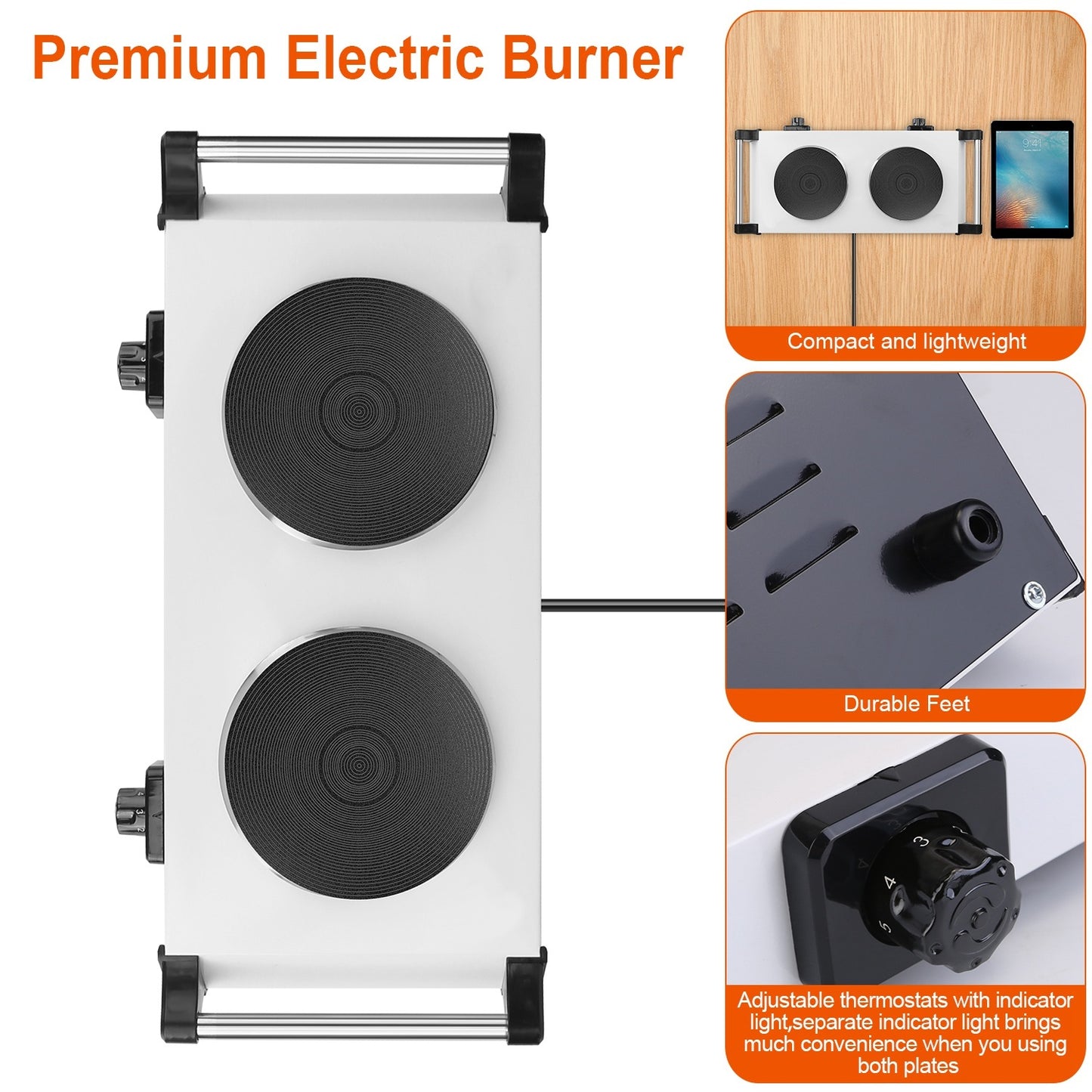 Black-White Options -- 2000W Electric Dual Burner Portable Coil Heating Hot Plate Stove Countertop RV Hotplate With 5 Temperature Adjustments Portable Handles