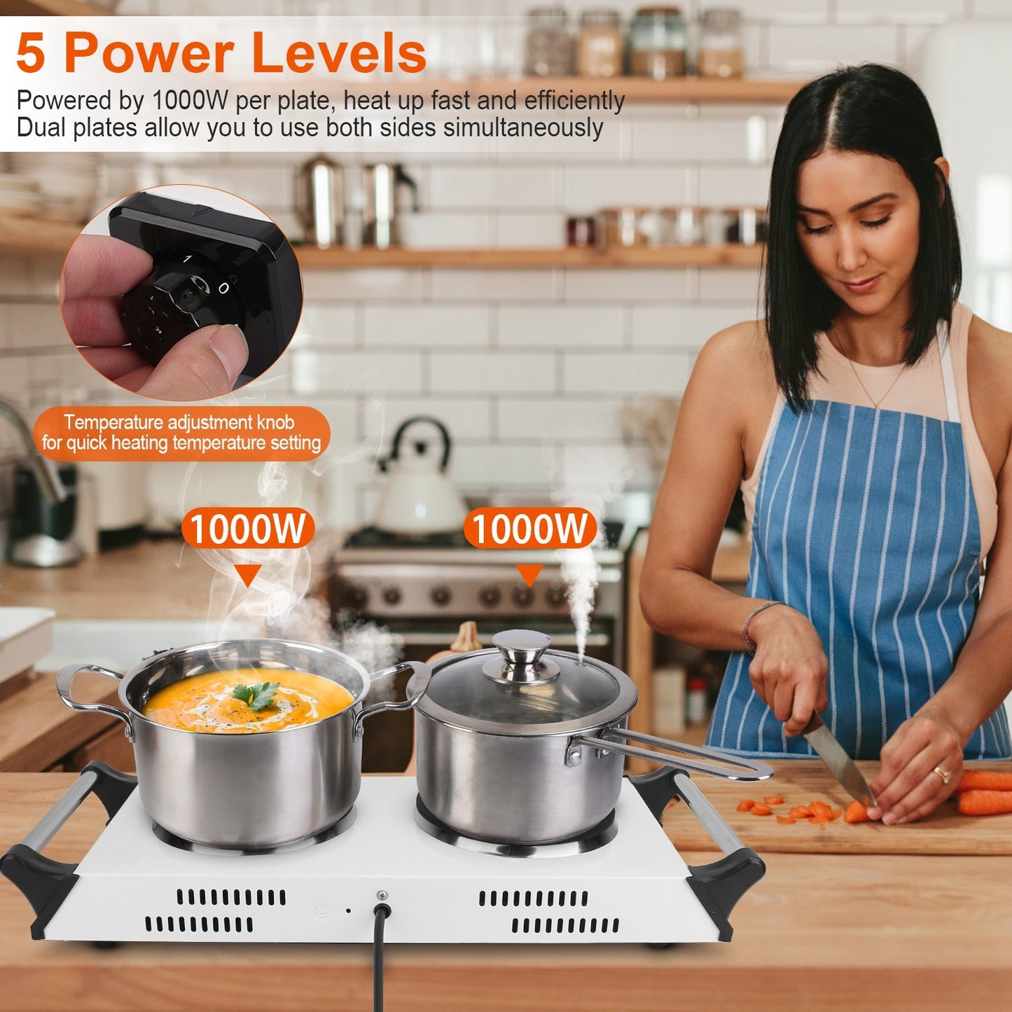 Black-White Options -- 2000W Electric Dual Burner Portable Coil Heating Hot Plate Stove Countertop RV Hotplate With 5 Temperature Adjustments Portable Handles