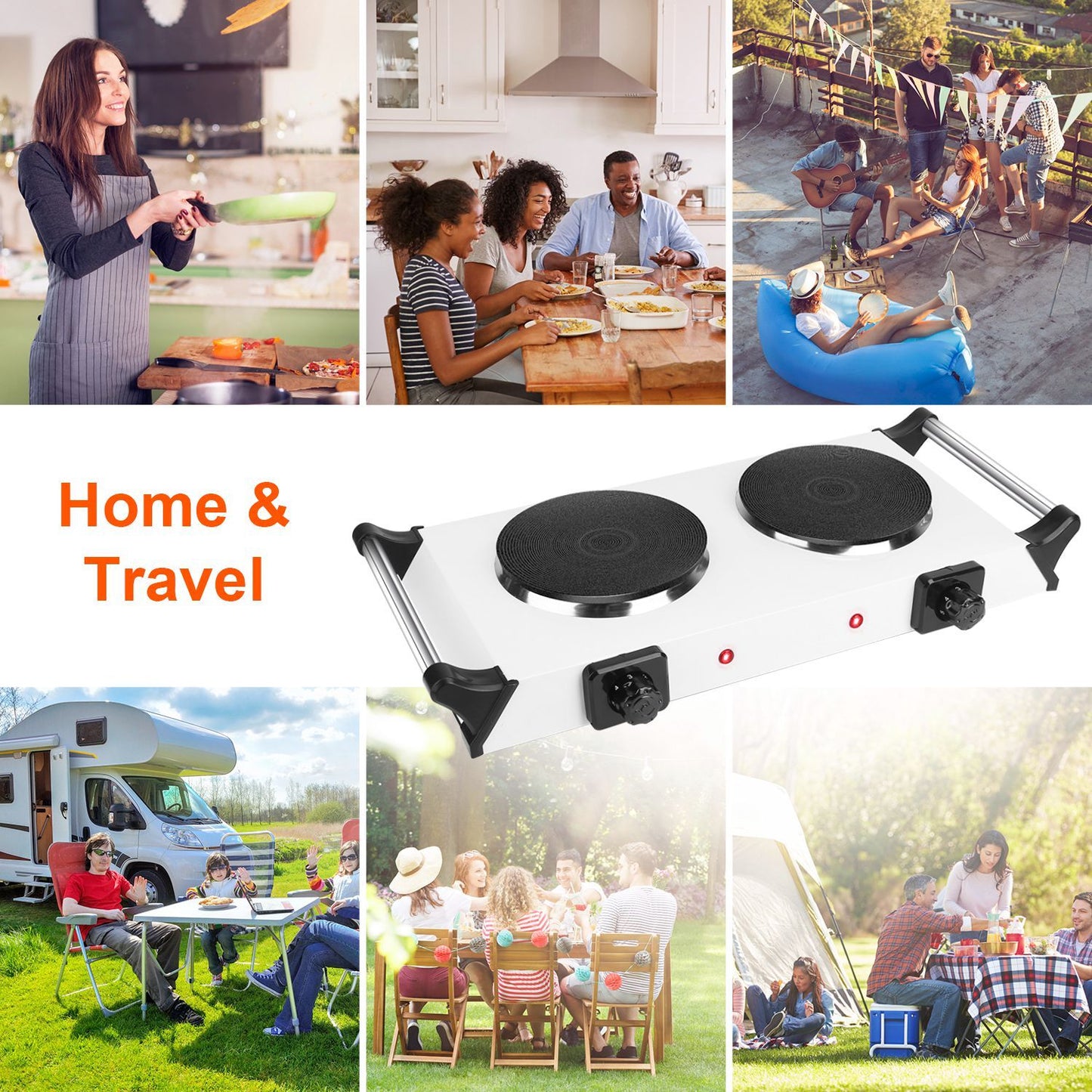 Black-White Options -- 2000W Electric Dual Burner Portable Coil Heating Hot Plate Stove Countertop RV Hotplate With 5 Temperature Adjustments Portable Handles