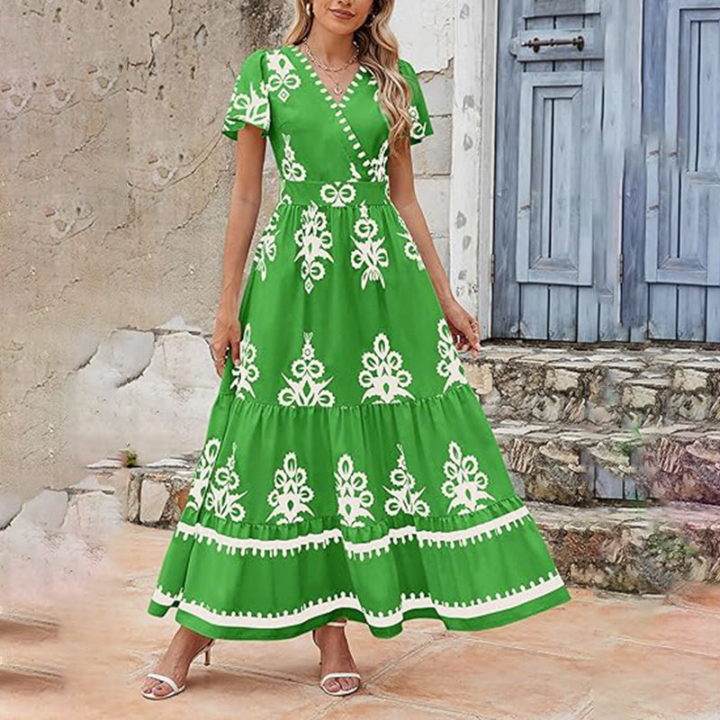 Womens Summer Casual V Neck Boho Maxi Dress Flowy Aline Bell Sleeve Tiered Floral Dresses With Pocket