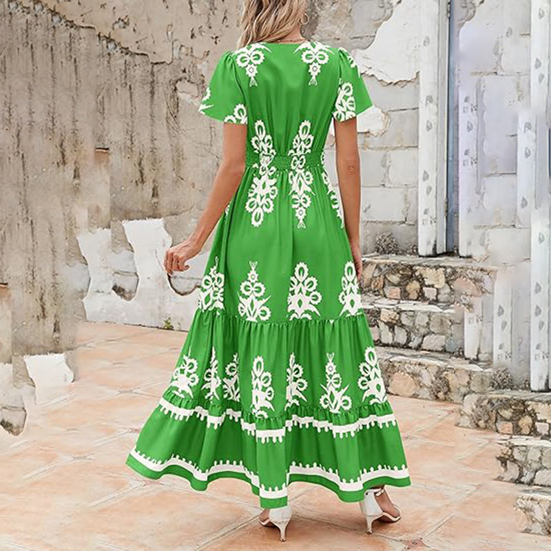 Womens Summer Casual V Neck Boho Maxi Dress Flowy Aline Bell Sleeve Tiered Floral Dresses With Pocket