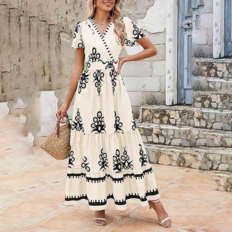 Womens Summer Casual V Neck Boho Maxi Dress Flowy Aline Bell Sleeve Tiered Floral Dresses With Pocket