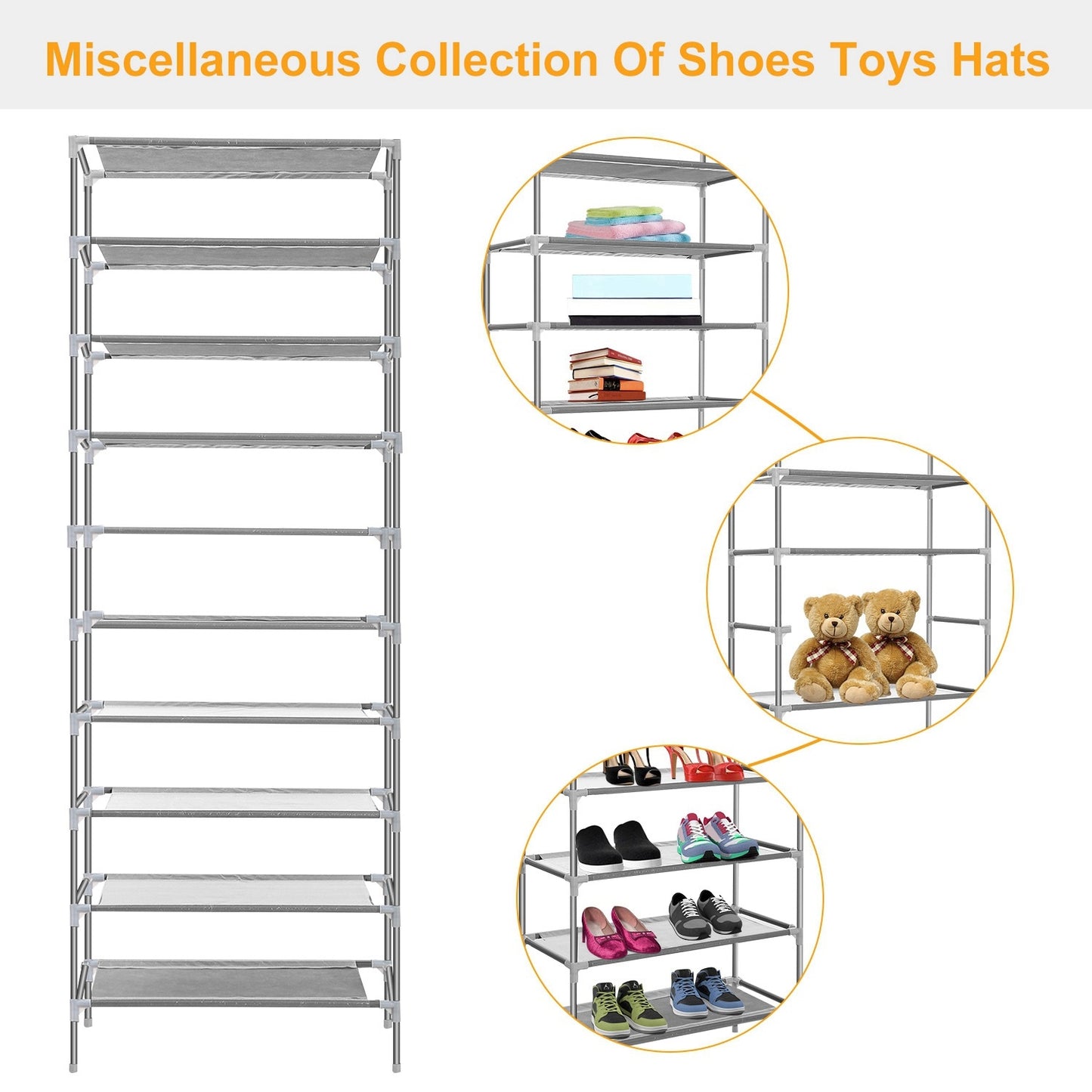 10 Tiers Shoes Rack Shelves 27 Pairs Shoes Storage Organizer Stand Non-Woven Fabric Detachable Shoes Tower Stackable Shoes Storage Rack For Entryway
