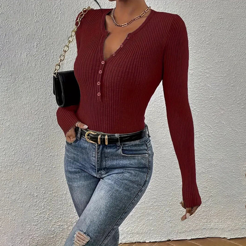 Women's Elegant V-Neck Button Detail Knit Sweater - Long Sleeve Solid Color Casual Pullover For Fall&SpringTop