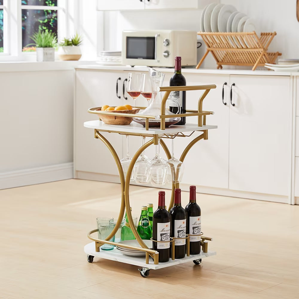 2-Tier Bar Cart,Gold Wine Cart With Wine Rack & Glass Holder,Mobile Bar Serving Cart,for Party,Home,Rolling Drink Trolley For Living Room
