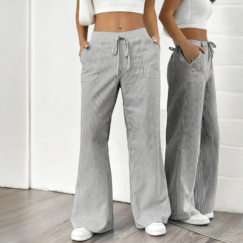 Women's Striped Print Straight Wide Leg Pants Drawstring Waist Slant Pockets Pants Casual Long Pants