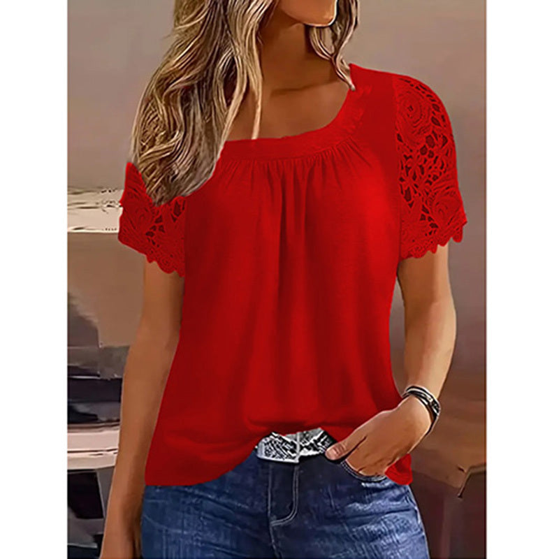 Womens Lace Short Sleeve Crew Neck T Shirts Summer Casual Tops Loose Fit Tees Blouses