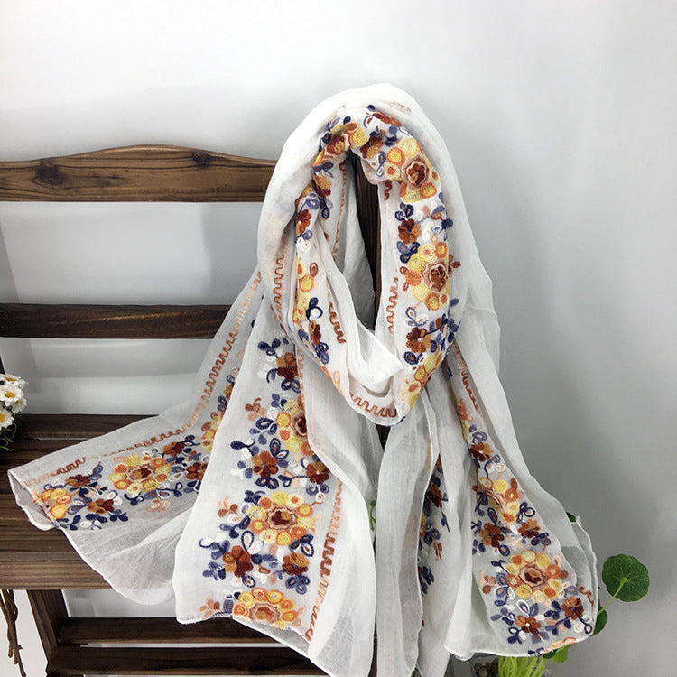 Embroidered Cotton And Linen Scarf Shawl