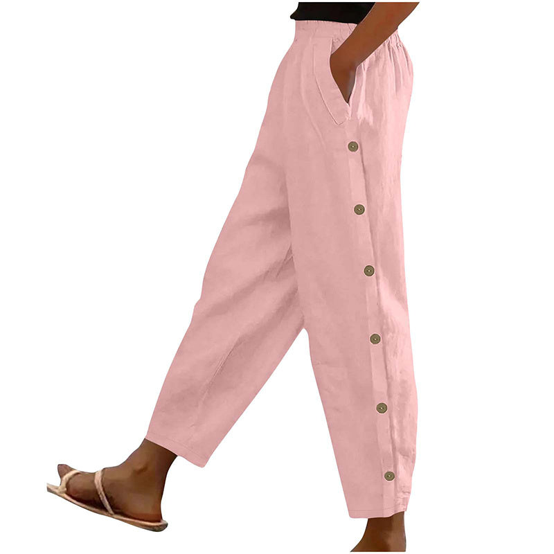 Women's Casual Pants Elastic Waist Side Button Loose Fit Trousers With Pockets