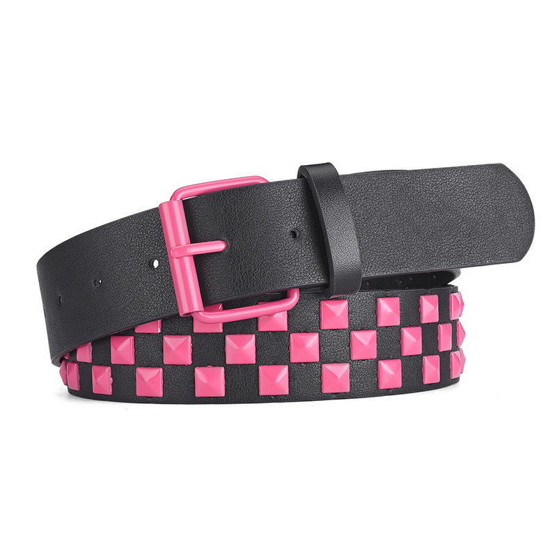 Women's European And American Square Bead Pyramid Punk Wide Belt