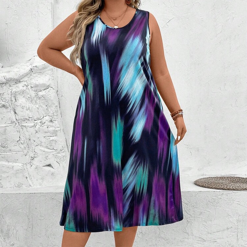 Women's Plus Size Round Neck Sleeveless Colours Print Maxi Dress - Loose Fit Long Summer Dress