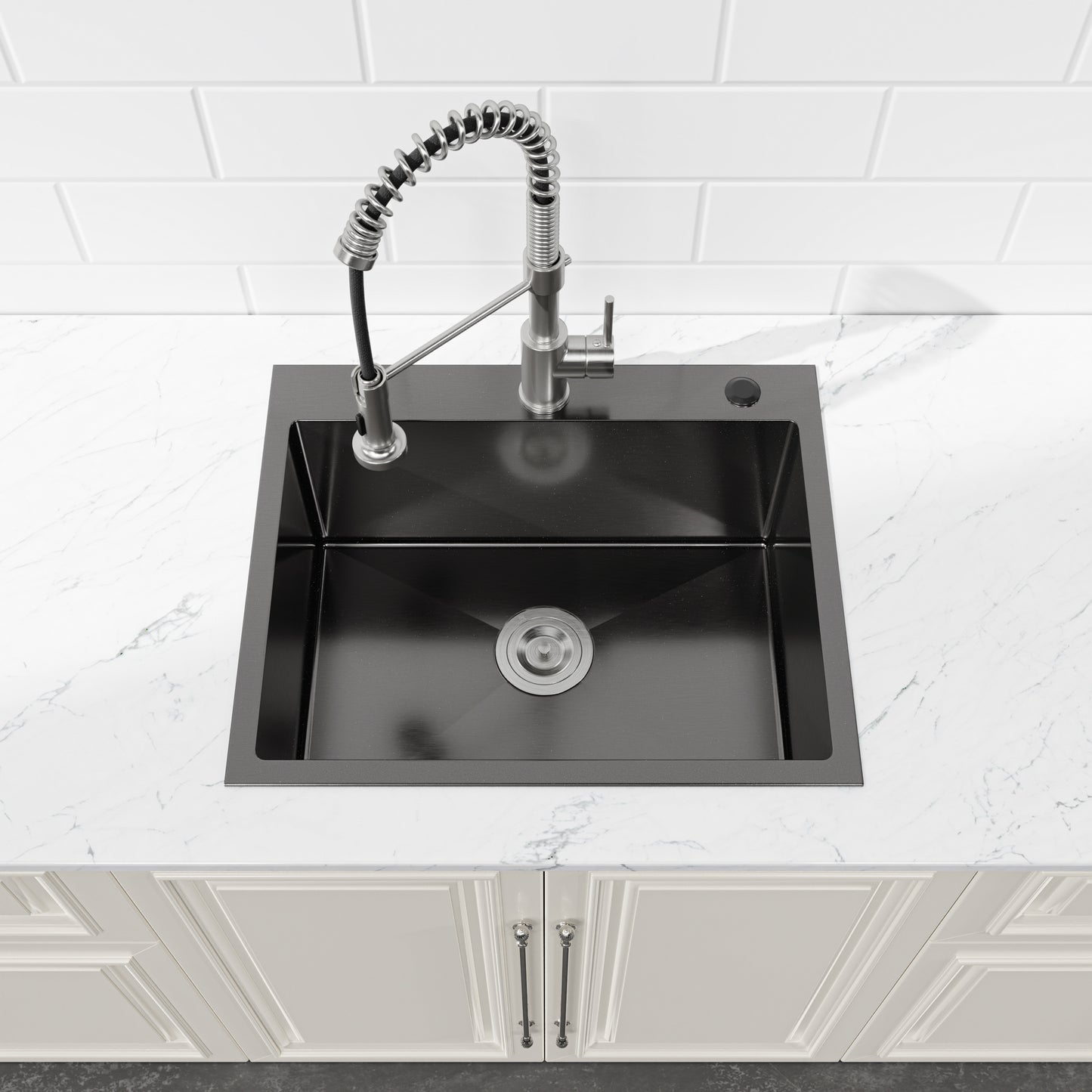 Stainless Steel Kitchen Sink, Single Bowl, Undermount Handmade Sink In Black, With US Standard Drain And Hook, LS-SSBL02