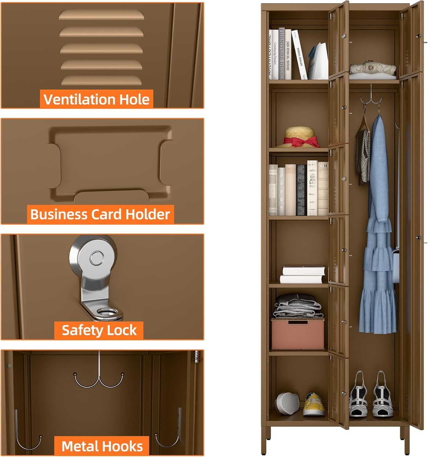 Metal Storage Lockers With Doors And Rod,Industrial Combination Employee Lockers For Office,Home Gym,School,Assembly Required,1Doors,Coffee