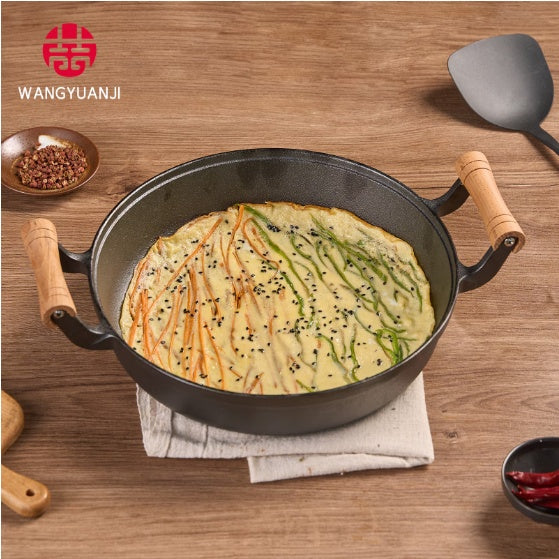 WANGYUANJI 11.8Pancake Griddle With Wooden Handle, Cast Iron Skillet, Uncoated Pan For Home, Thickened Non-Stick Skillet, Multi-Purpose Skillet With Wire Balls