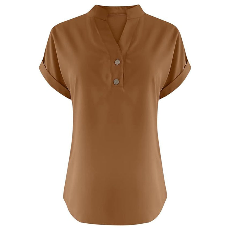 Women's Solid Color V-Neck Short Sleeve Blouse Button Detail, Summer Casual & Work T-Shirt