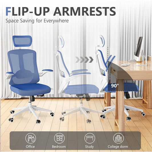 Ergonomic Office Chair, High Back Computer Desk Chair Comfortable Lumbar Support - Home Office Swivel Mesh Chair With Adjustable Headrest And Backrest, Flip Armrests,PU Mute Roller, Blue