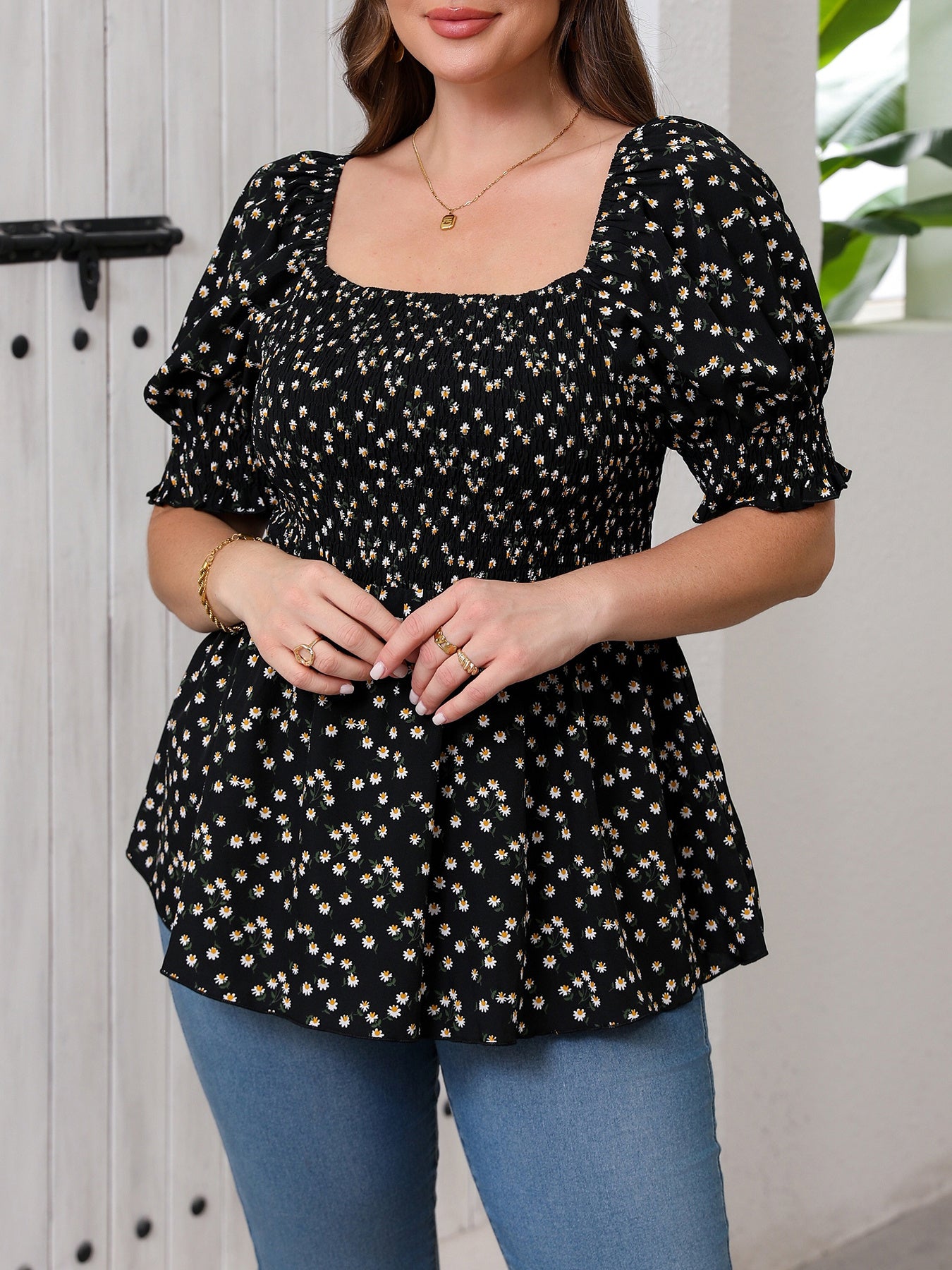 Women's Plus Size Elegant Square Neck Floral Print Blouse - Summer Short Sleeve Backless Top For Work & Vacation