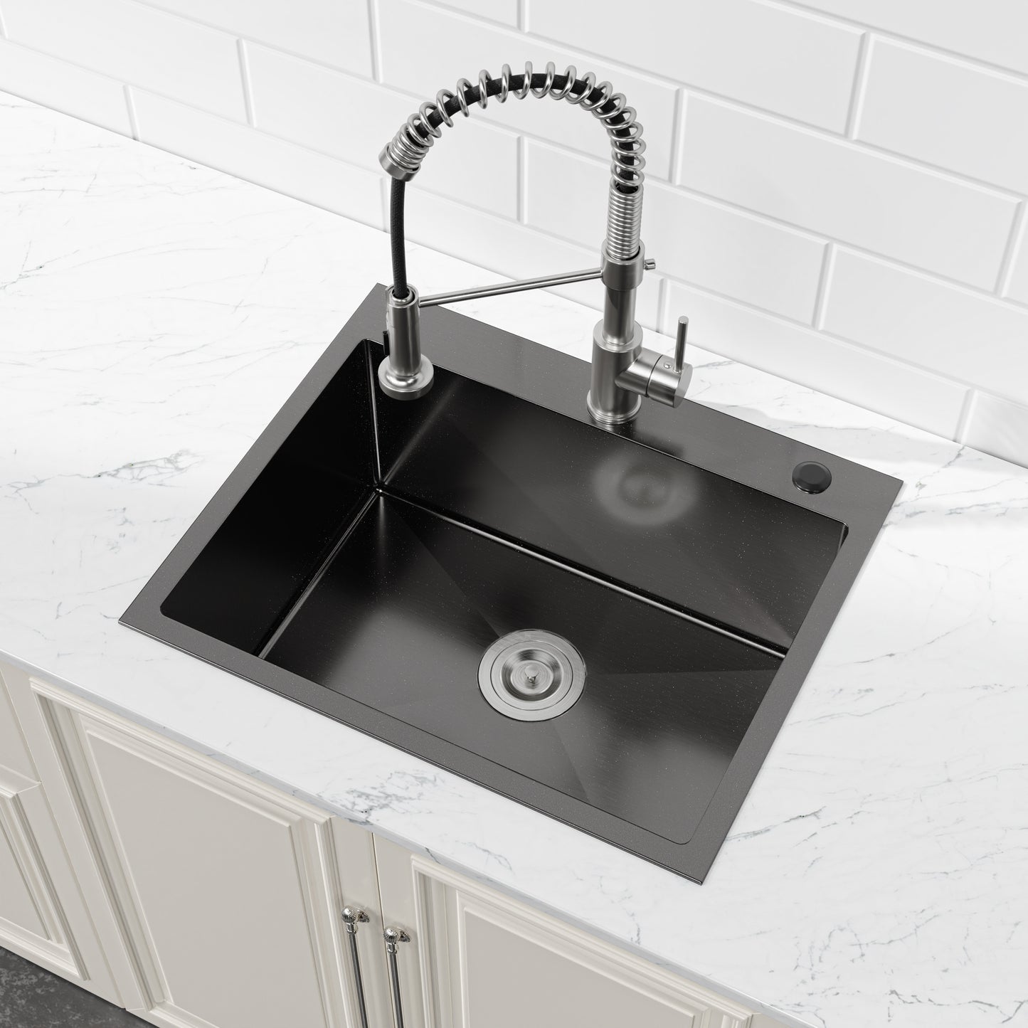 Stainless Steel Kitchen Sink, Single Bowl, Undermount Handmade Sink In Black, With US Standard Drain And Hook, LS-SSBL02