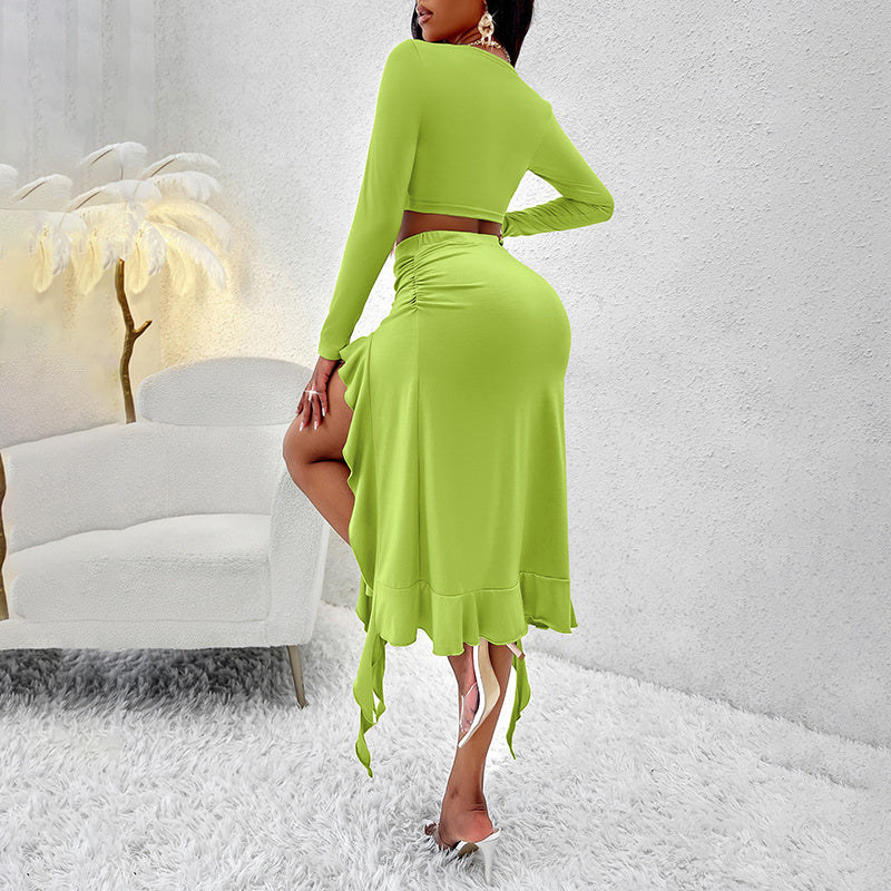 Women's Long Sleeve Round Neck Pleated Dress Suit - Solid Color Elegant Ruffle Outfit