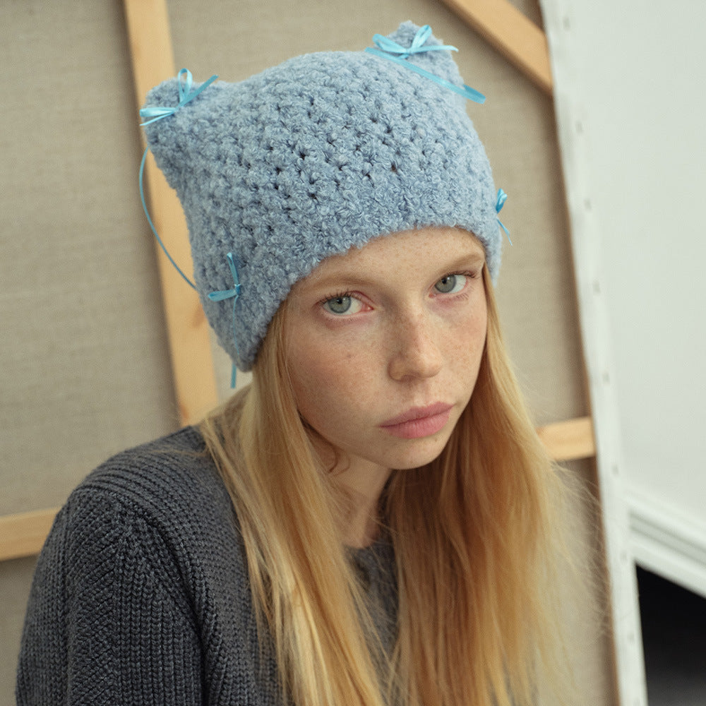 Niche Bow Hand Knotted Knitted Cute Girl Wool Hat