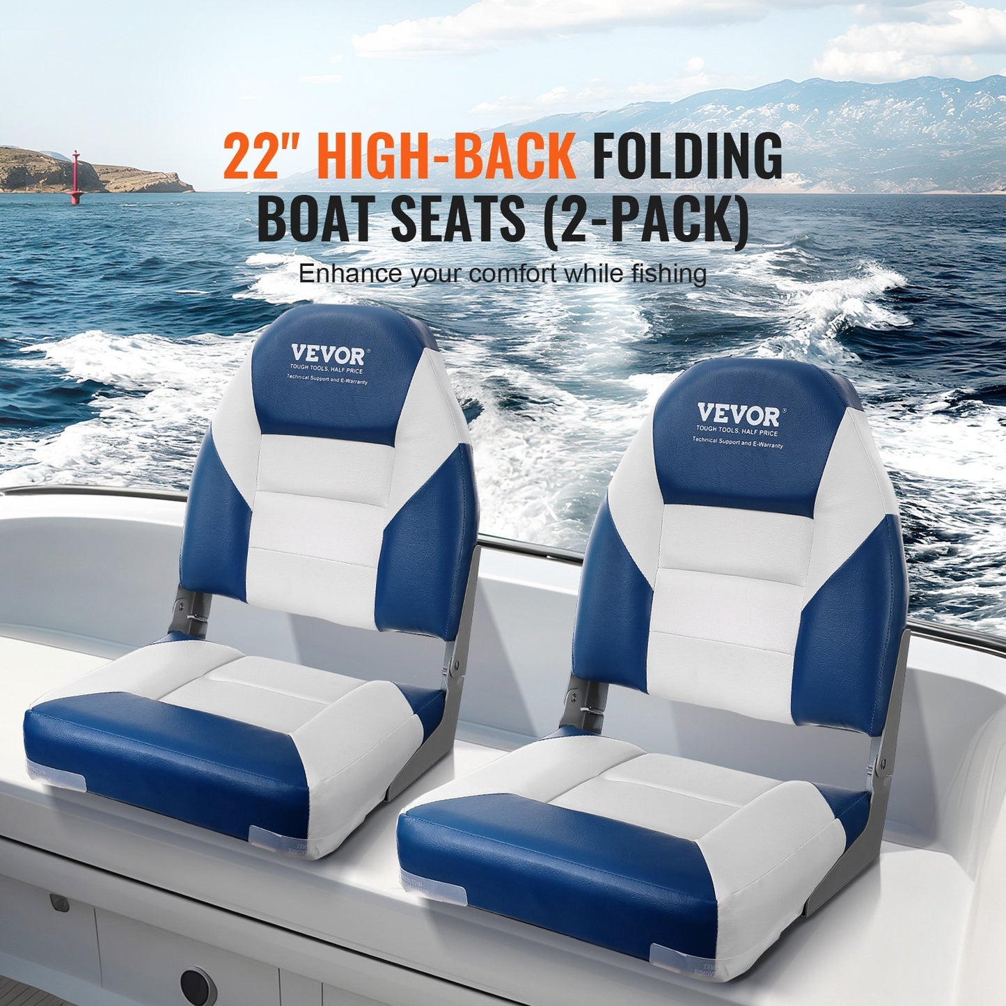 High Back Boat Seat, Folding Boat Chair With Thickened Sponge Padding And Hinge, Fold-Down Boat Captain Chairs For Fishing Boat, Sightseeing Boat, Speedboat, Canoe, 2-Pack