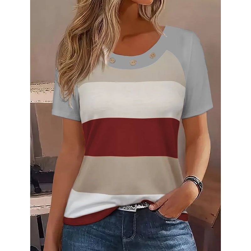 Women's T Shirts Color Block Short Sleeve Tops Casual Summer Tees