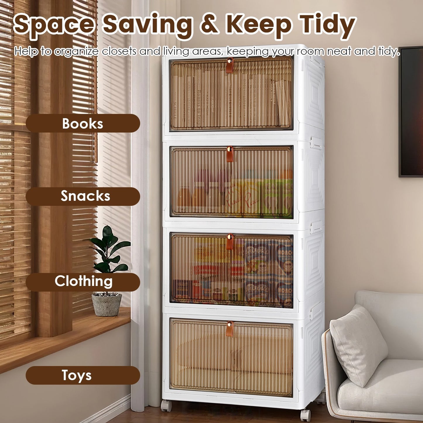 4Pc Foldable Storage Bins With Lid Front Magnetic Door Collapsible Stackable Closet Organizer Containers With 4Pcs 360 Degree Rotatable Wheels