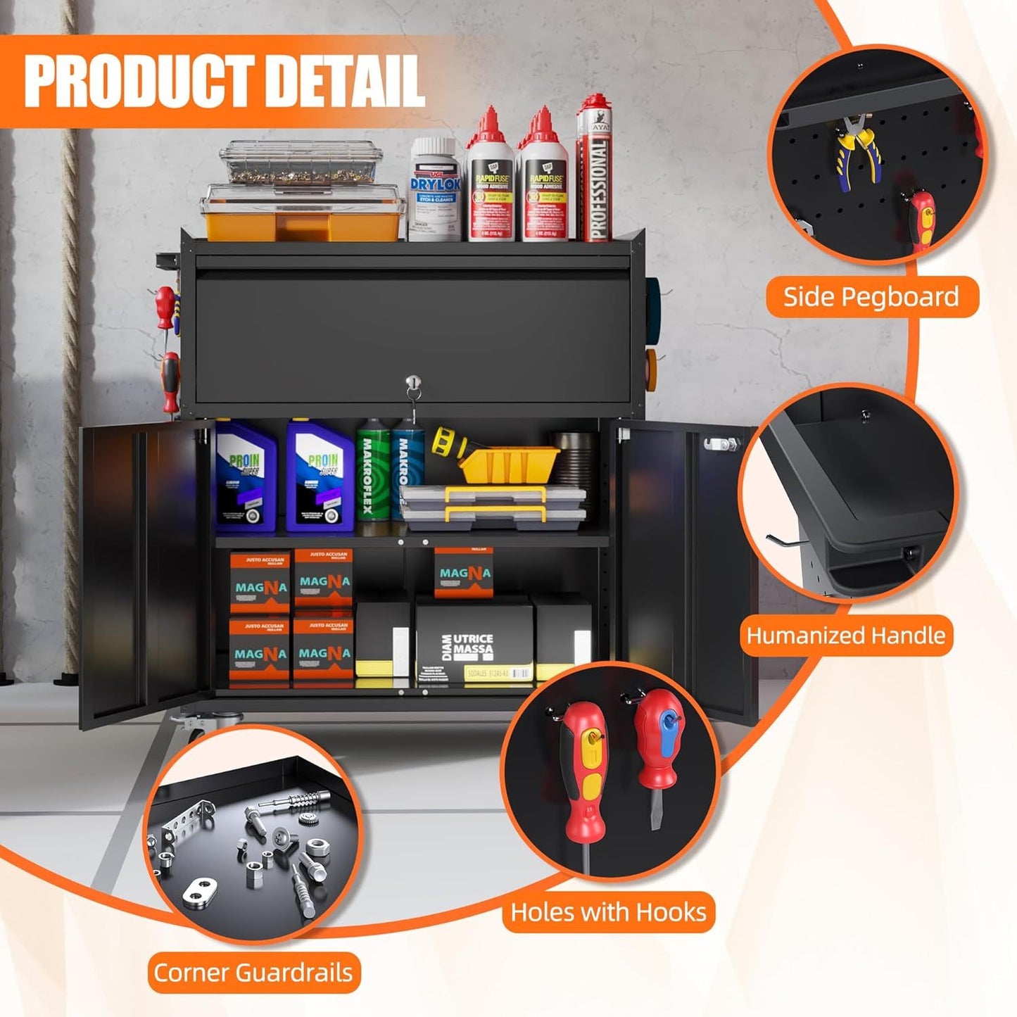 Metal Storage Cabinet On Wheels, Black Rolling Tool Cabinet With Drawer&Pegboard&a Handle&Hooks&Adjustable Shelves For Home Office Garage Warehouse Utility Room, Assembly Required