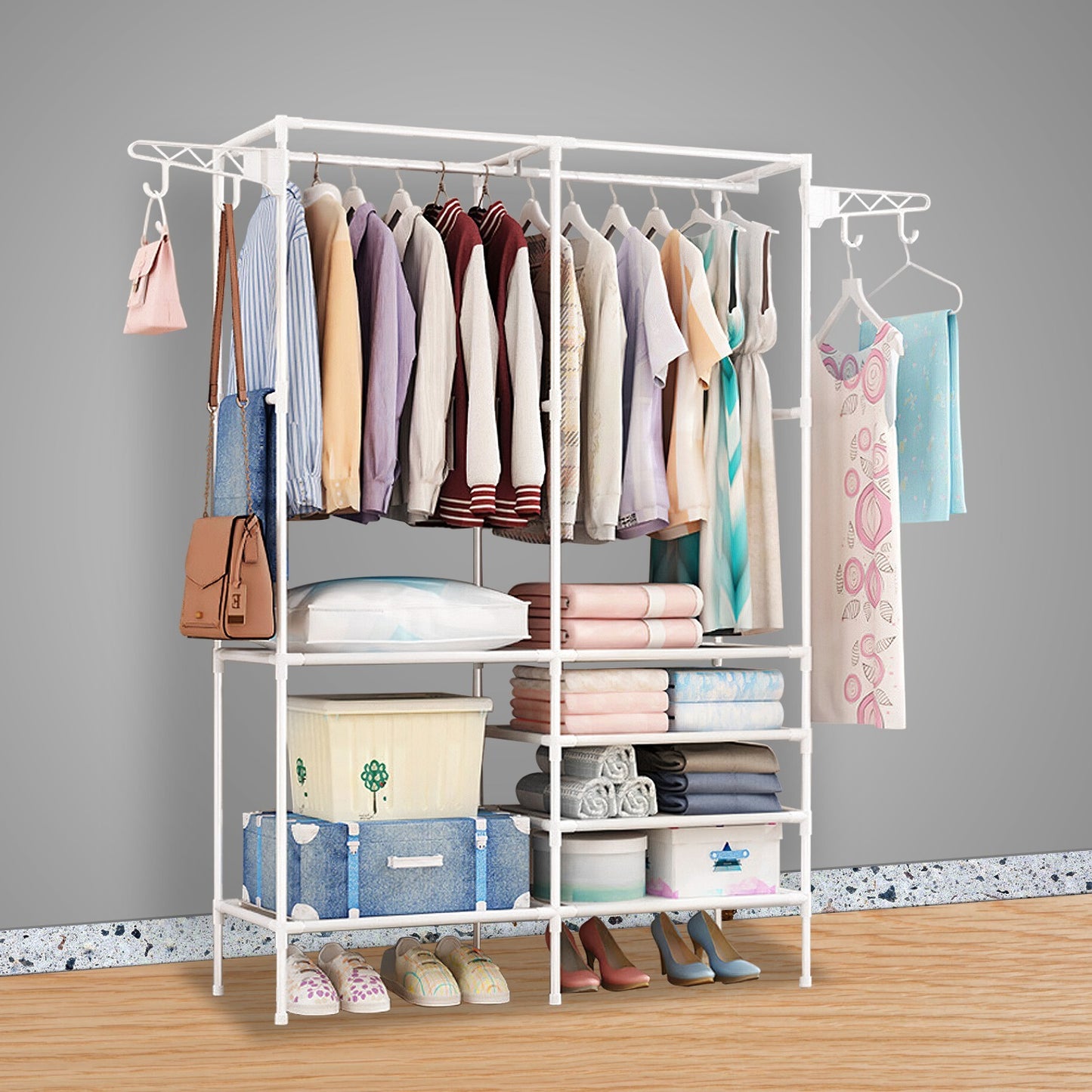1Pc Metal Garment Rack Shoe Clothing Organizer Shelves Freestanding Multifunctional Clothes Wardrobe