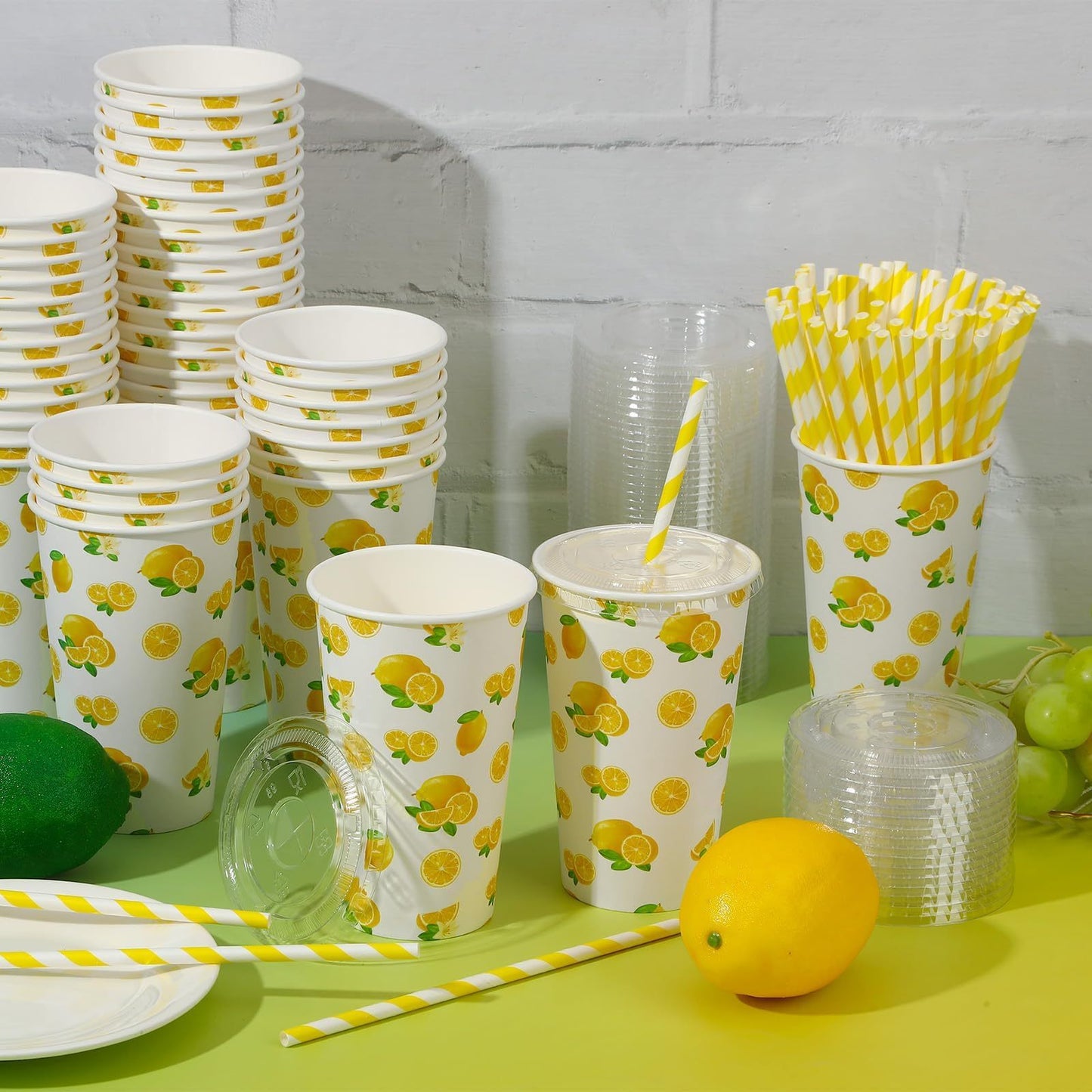 180pcs Lemonade Paper Cups With Lids And Straws 16oz Disposable Cups For Lemon Stand Supplies Summer Party Hot Cold Beverage,Amazon Is Banned,654-10328-G13
