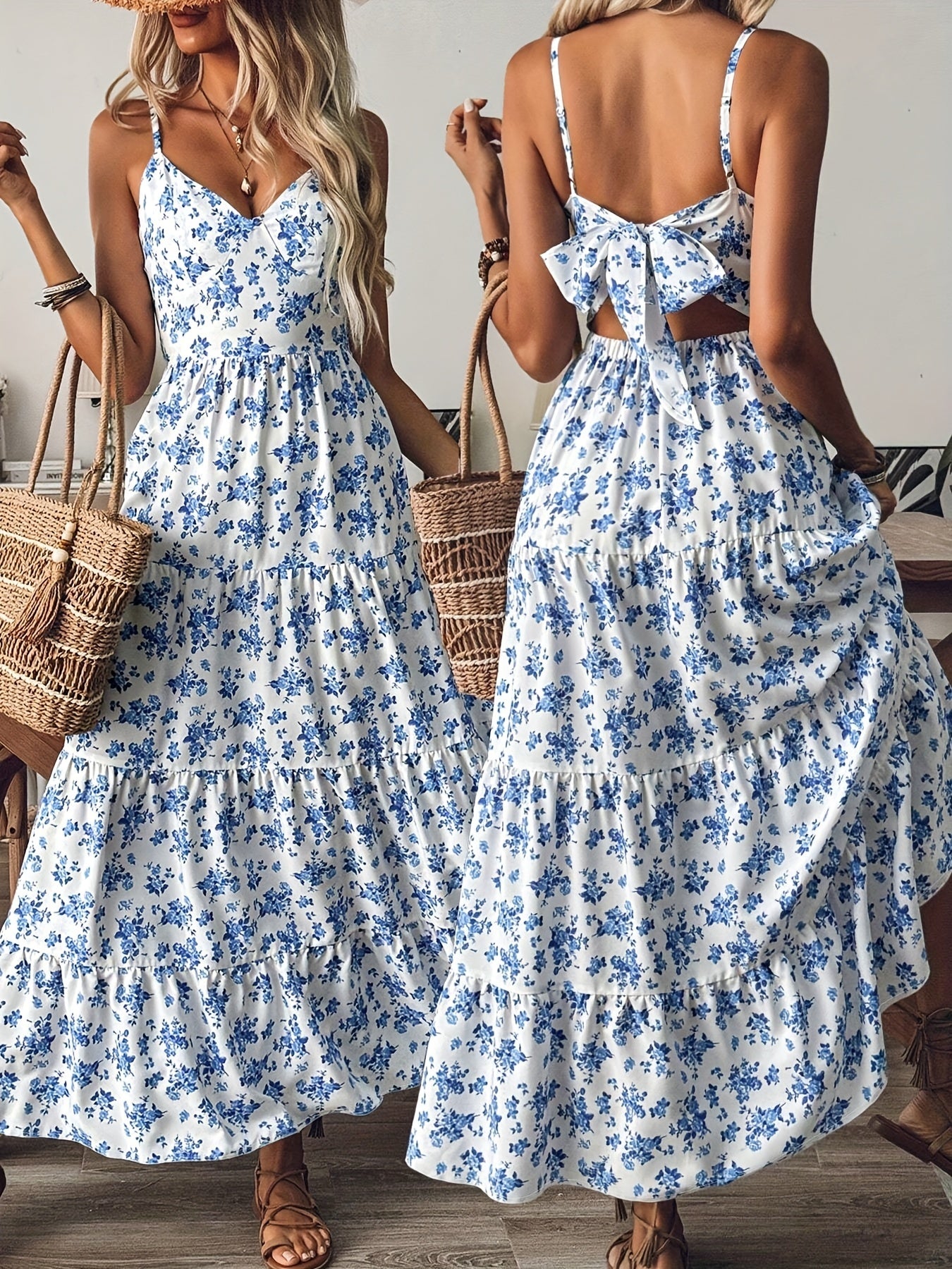 Women's Summer V-Neck Floral Print Strappy Dress - Sexy Backless Bowknot Flowy Maxi Party Dress