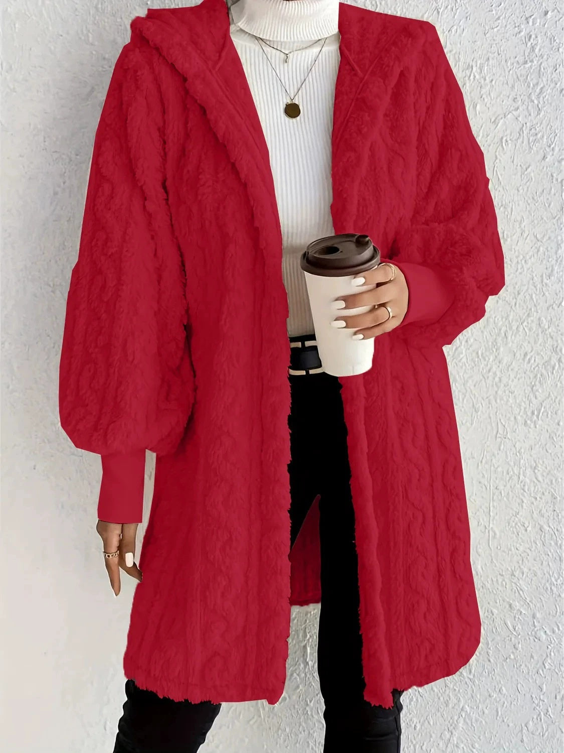 Hooded Double-sided Plush Cuff Thread Long Coat