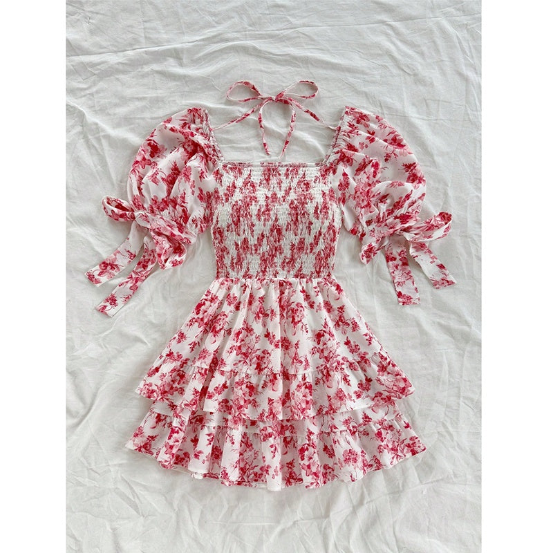Women's Puff Sleeve Square Neck Smocked Dress Boho Floral Print Off Shoulder Ruffle Mini Short Dress
