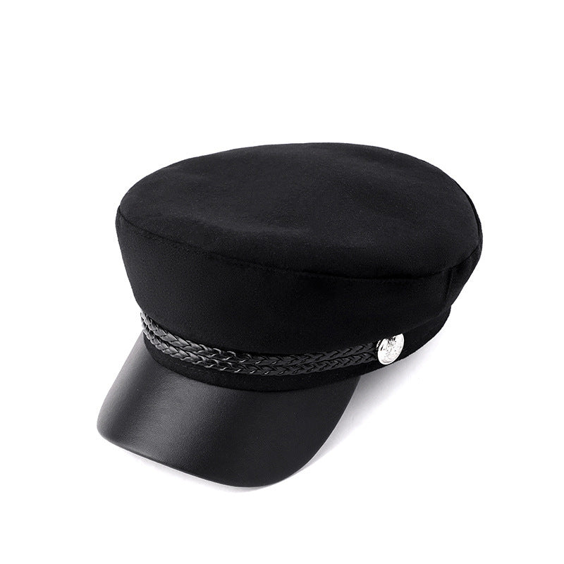 Black Beret British Retro Woolen Navy Flat-top Cap