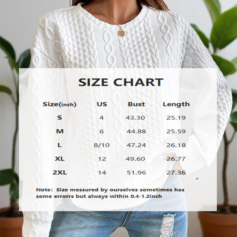 Women's Solid Color Textured Round Neck Drop Shoulder Long Sleeve Sweatshirt - Casual Loose Fit Pullover