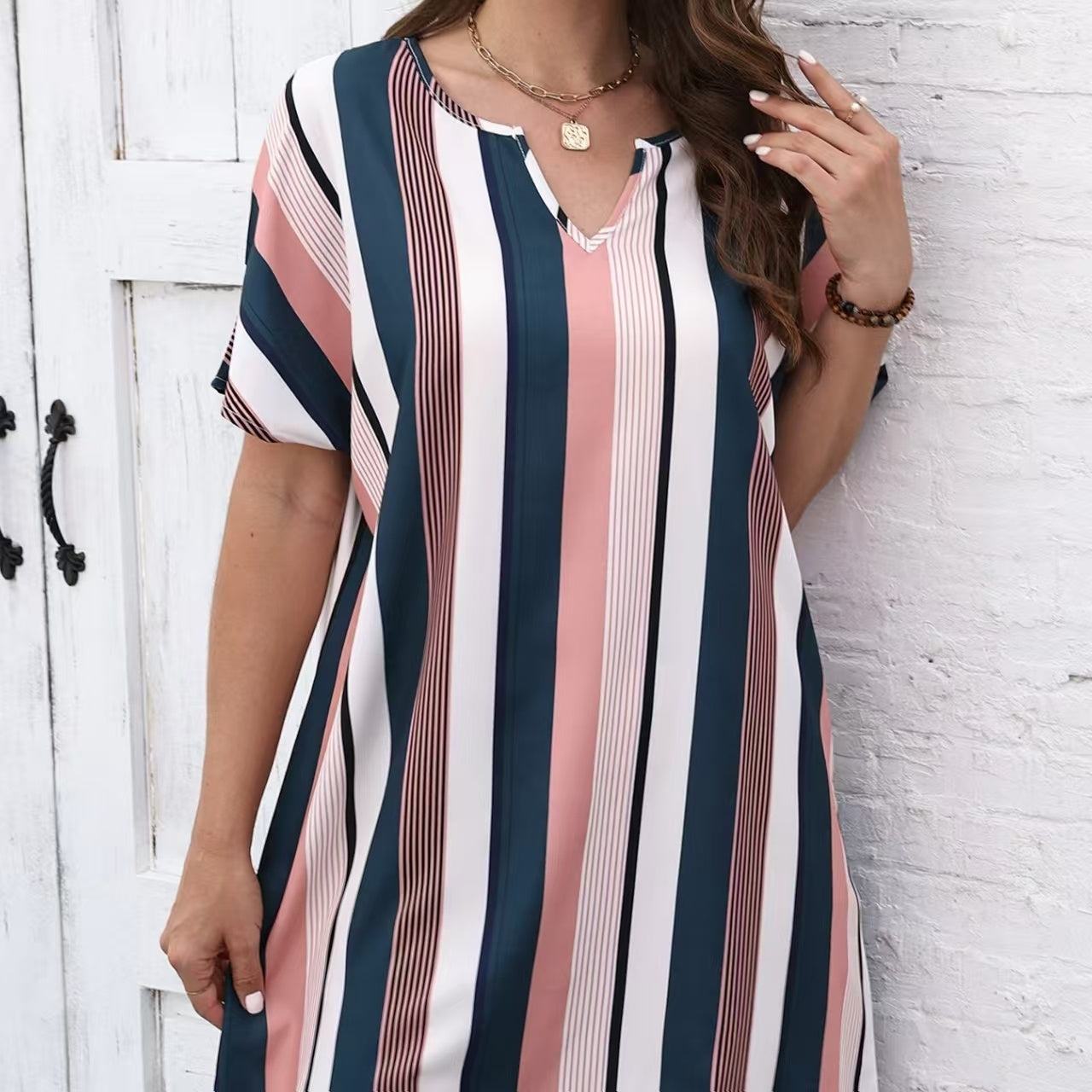 Ladies' Contrasting Striped Print Notch V-neck Short Casual Loose Dress