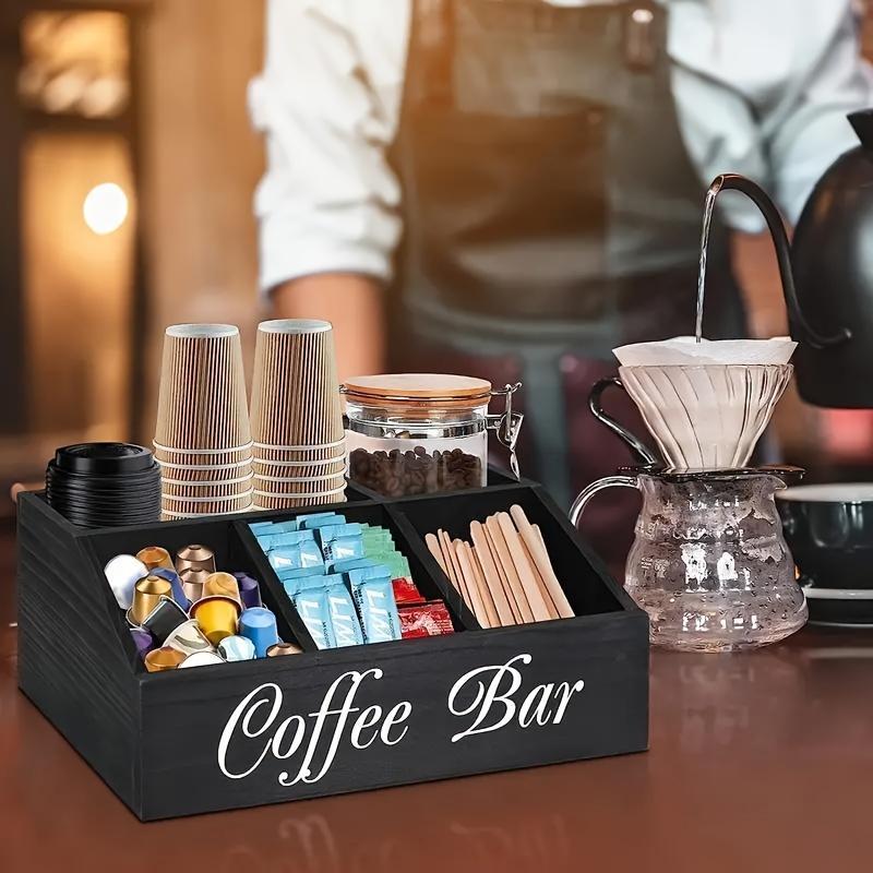 1 Piece Classic Wooden Coffee Bar Storage Box Multi-compartment Coffee Accessories Condiments Coffee Capsule Storage Shelf Basket