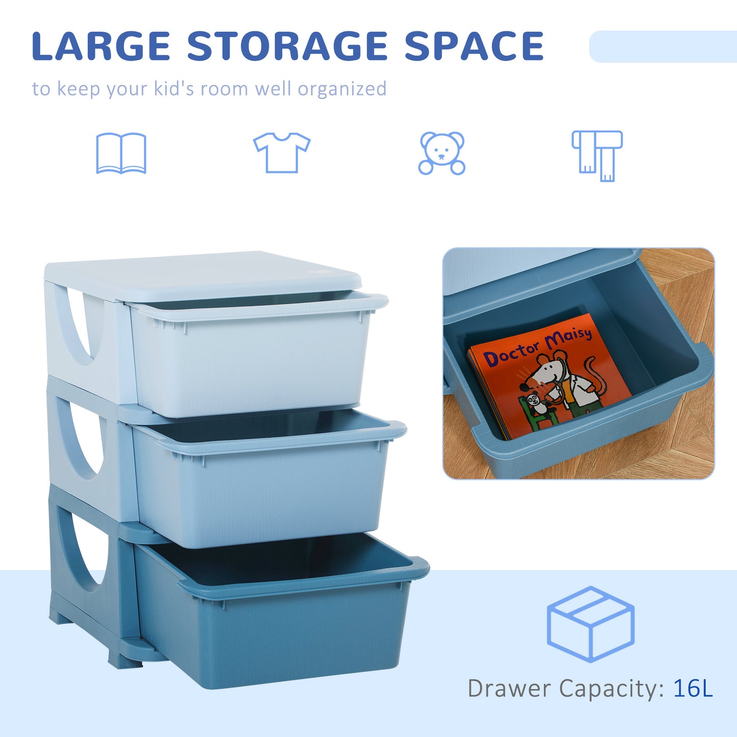 3 Tier Kids Toy Storage Organizer With Drawers, Blue, Chest For Bedroom, Kindergarten, Living Room, For Boys And Girls