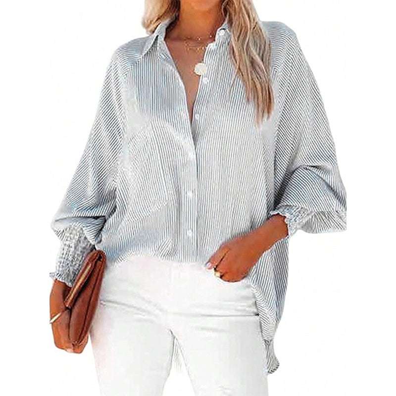 Women's Casual Striped Long Sleeve Shirt With Button-Down Collar & Knit Cuff Detail - Classic Spring&Fall Blouse