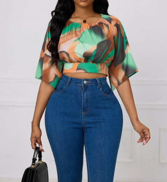 Ladies' Round Neck Printed Waist Cinched Shirt Top