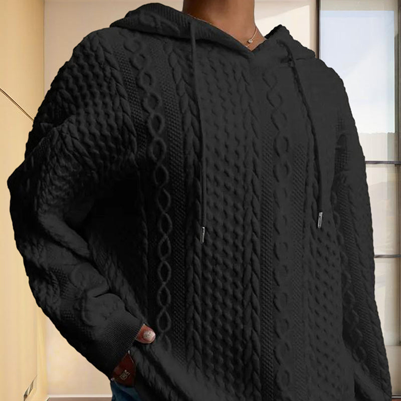 Women's Solid Color Ribbed Design Long Sleeve Hoodie - Loose Fit Drawstring Pullover For Fall & Winter Casual Wear