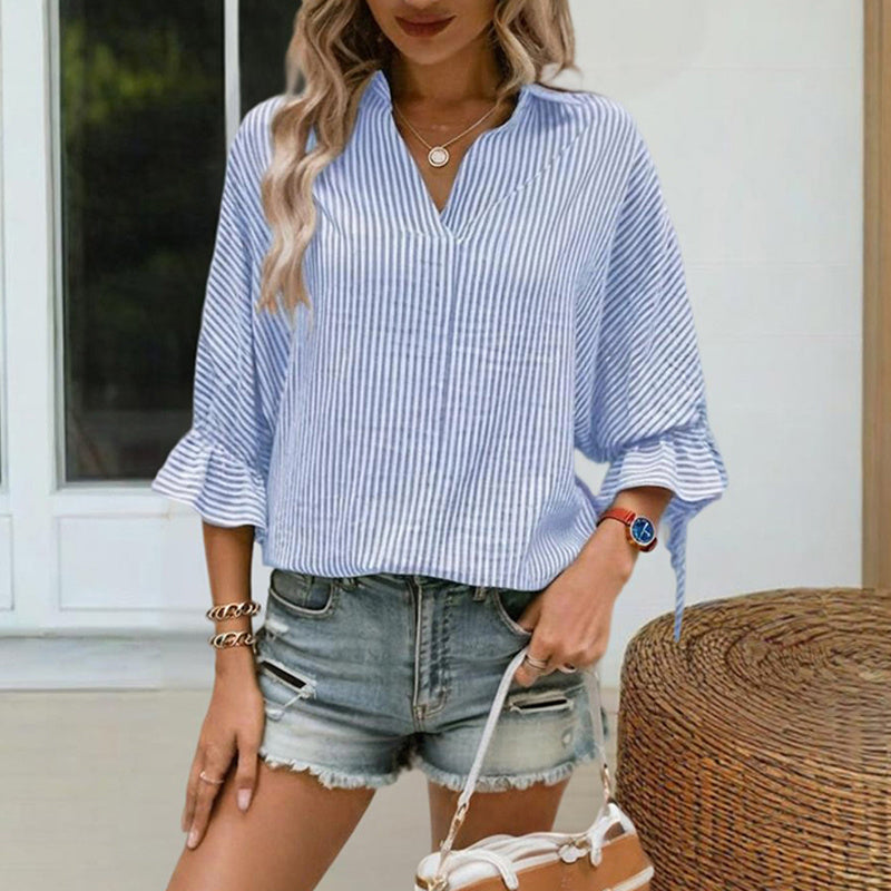 Women's V-Neck Striped Short Sleeve Blouse With Ruffled Cuff Tie & Back Slit Design Fashionable Spring&Summer Top