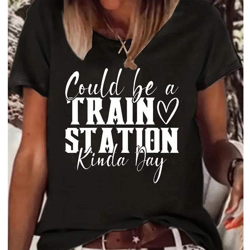Women's Round Neck Short Sleeve T-Shirt With 'TRAIN STATION' Letter Print, Casual Summer Tee