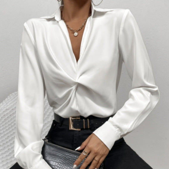 Ladies' Fashionable Solid Color Loose And Versatile Simple Korean Style Long Sleeved Slimming Personalized Top Shirt