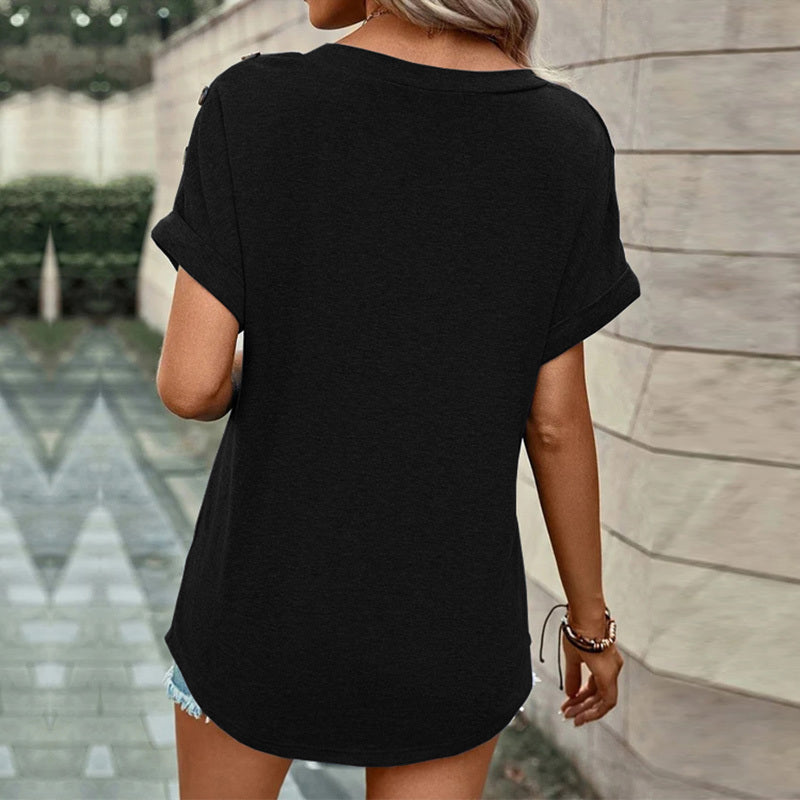 Women's T Shirts V Neck Short Sleeve Button Decor Tops Summer Loose Fit Tee Blouse