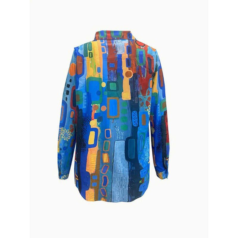 Women's Lapel Collar Printed Long Sleeve Shirt - Vibrant Colorful Pattern Button-Up Blouse Stylish Spring&Summer Vacation Top